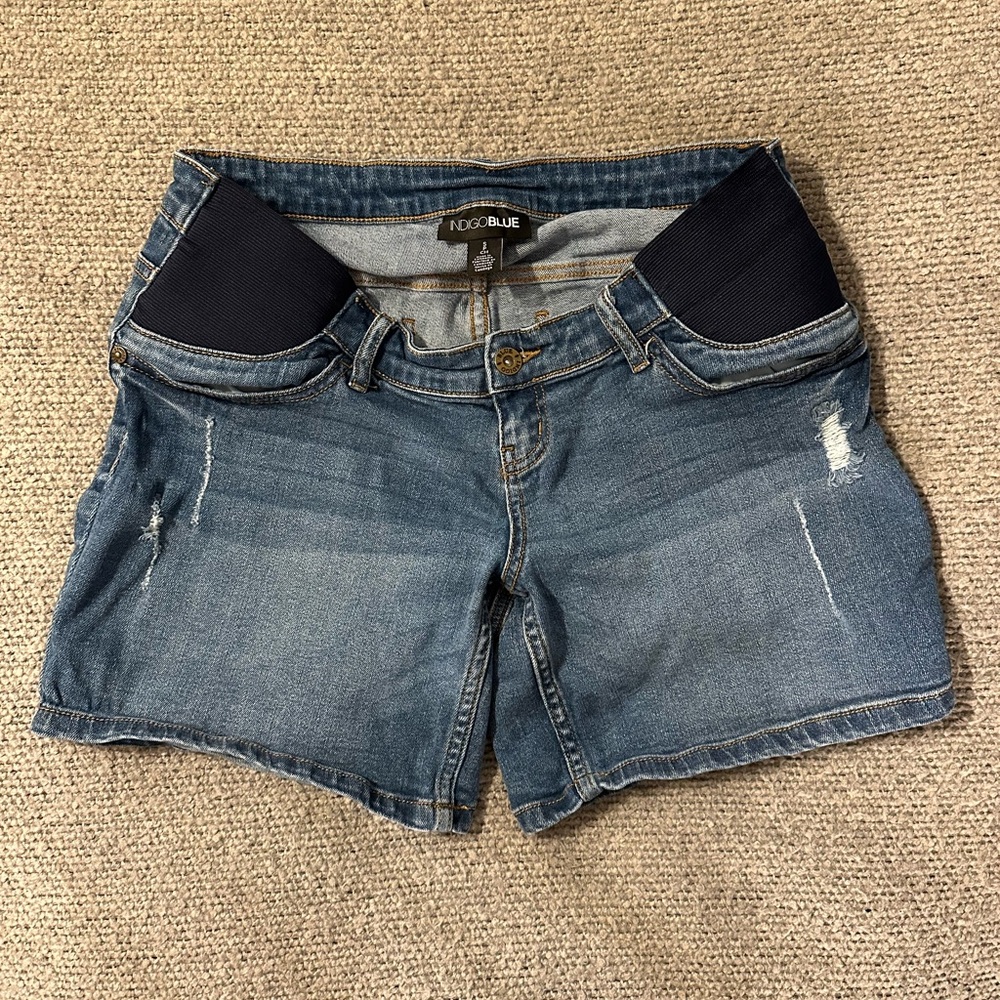 Indigo Blue Maternity Shorts Stretchy Side Panel Distressed Cotton Denim Jean S